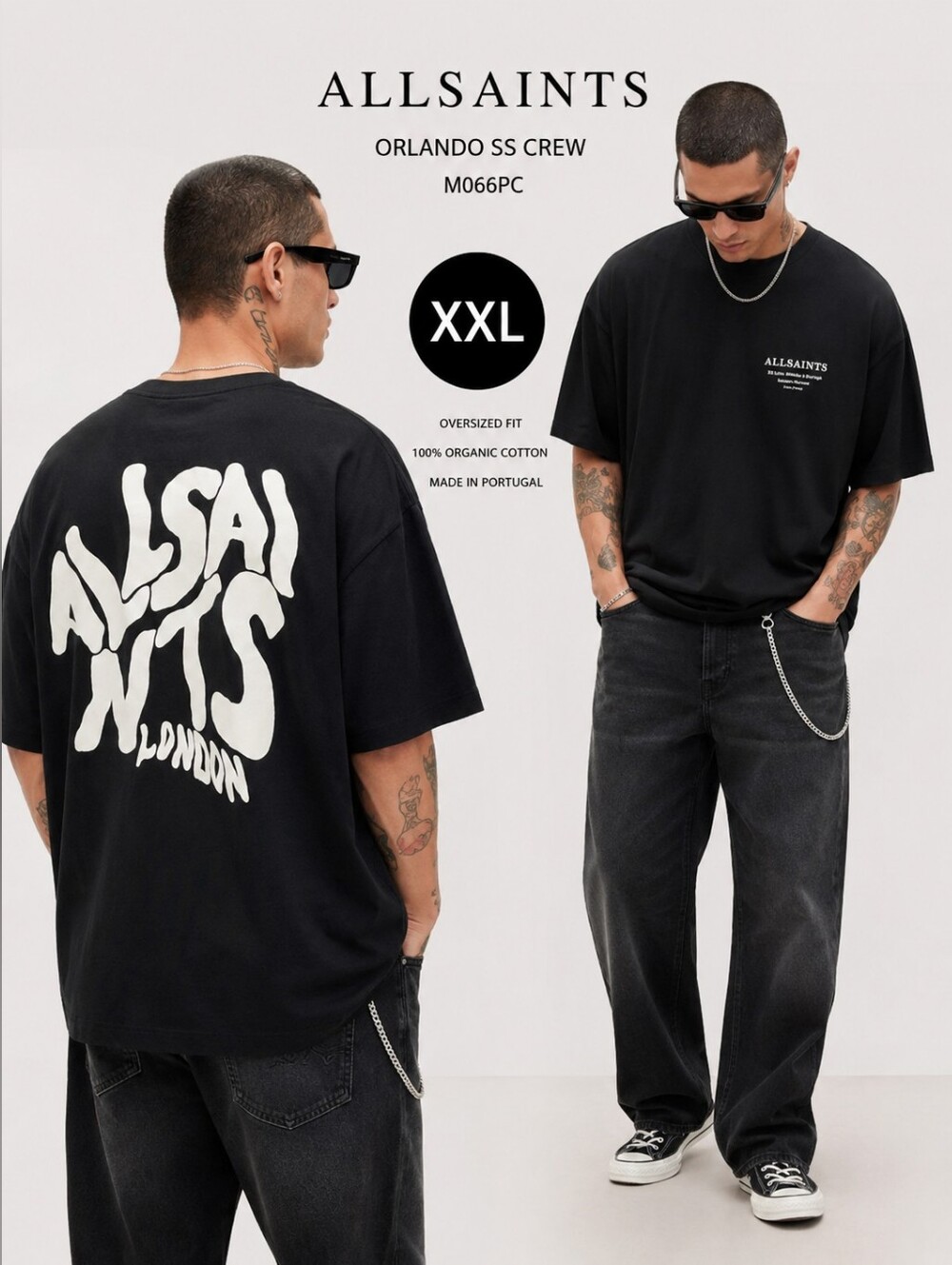 AllSaints Orlando SS Crew XXL Black Oversized Graphic Logo Tee T Shirt Cotton